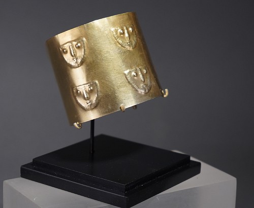 Exhibition: Online Exhibition of Over 40 Pre-Colombian Gold Works, Work: Late Nasca Gold Cuff with Embossed Faces $6,750