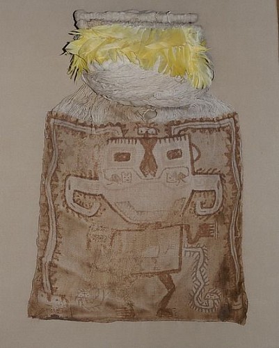 Paracas Painted Mummy Mask with Original Yellow Macaw Feathers $22,500