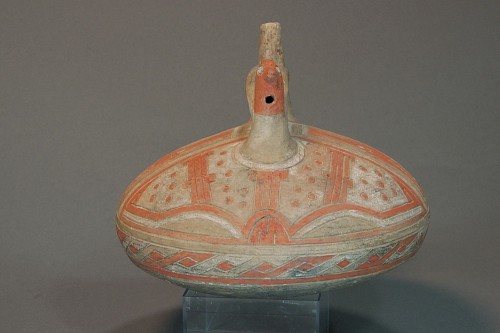 Paracas Late Phase 7 Ceramic Bridge-Spout Vessel with Hawk Head and Incised Feline Face $8,500