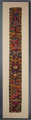Exhibition: Paracas Exhibit, Work: Late Paracas/Early Nasca Embroidered Section with Four Colorful Monkey Deities in Alternating Colors on a Gold Ground $34,500