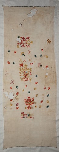 Textile: Proto-Nazca "Cabildo" Sampler with Three Figures in Gold and Red $6,500
