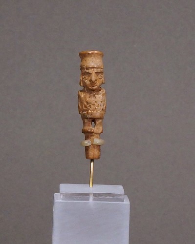 Work: Chimu Carved Miniature Bone  Standing Figure for a Top to a Container $950