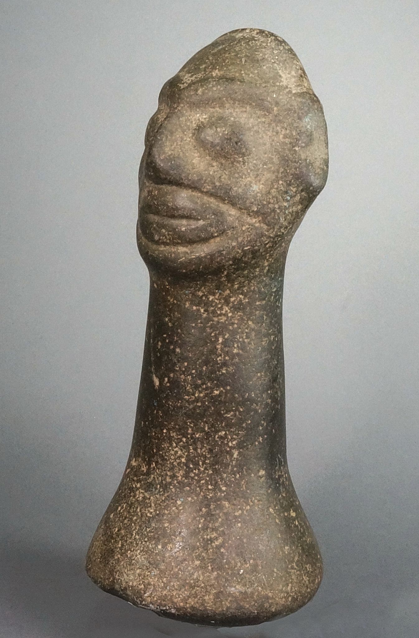 Dominican Republic, Taíno  Stone Pestle with Carved Face
The face carved on this pestle appears to be in a trance, as if it is undergoing transformation from a shaman to a deity.  This is a particularly rare large example with a high degree of artistry and a humanoid face.
Period: Dominican Republic, Taíno , c. AD 1000 - 1500
Media: Stone
Dimensions: Height 8"
88058c