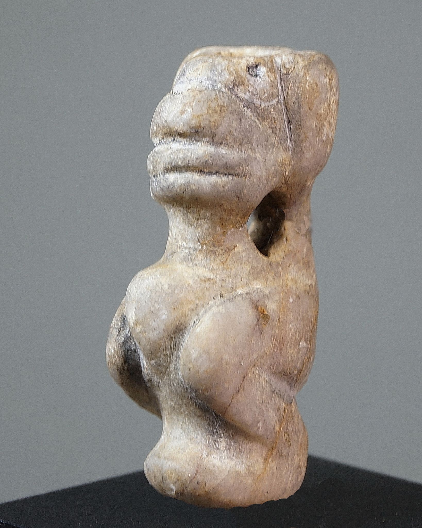 Dominican Republic, Taíno  Gray-brown Stone Amulet of Crouching Dog Deity
Dogs were believed to escort the dead to the otherworld and to also watch over their spirits. They are often shown on amulets, and were worn as protective charms in memory of important ancestors. 
Period: Dominican Republic, Taíno , c. AD 1000 - 1500
Media: Stone
99212