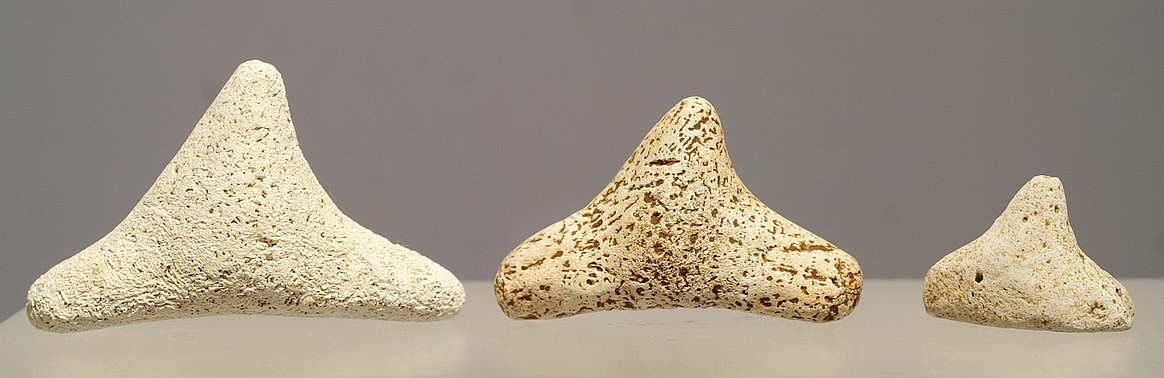 Dominican Republic, Three Taíno  Coral Miniature Three-Pointers
Small coral three-pointers were made as early as 400 BC, and were brought into the Caribbean by the predecessors of the Taíno .  It's possible that these examples belong to this early migration period during AD 400 to 800.
Period: Dominican Republic, Taíno , c. AD 1000 - 1500
Media: Shell
Dimensions: Height Range: 1/2 to 1"
99448