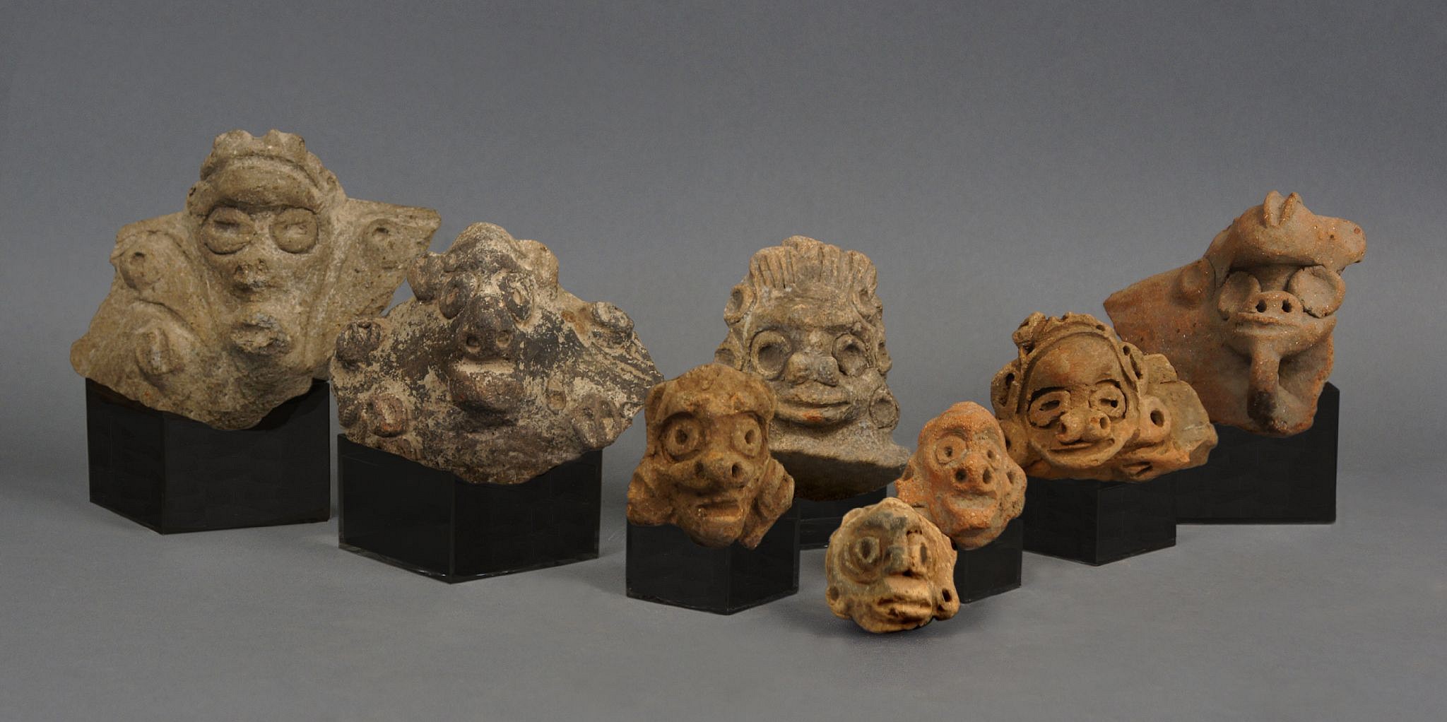 Dominican Republic, Set of 8 Taíno  Ceramic Animal Faces
These anthropomorphic animal heads were used as adornos (decorative handles) on ceramic plates and bowls.
Period: Dominican Republic, c. AD 1000 - 1500
Media: Ceramic
Dimensions: Approx. 1-3 in.
99452