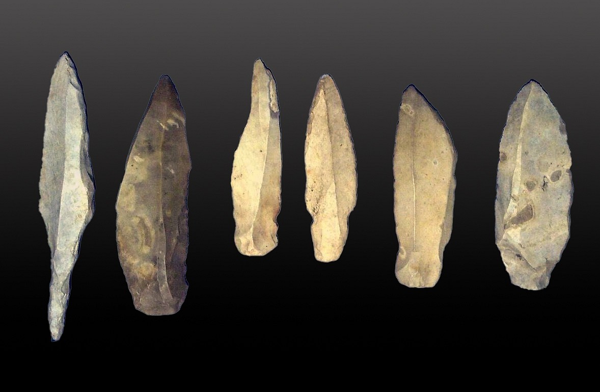 Dominican Republic, Group of 6 Neolithic Taíno  Xillex Blades
This type of sharp flaked stone tool is categorized as Casmirian, and precedes the more complex Courian blades of stone, bone, and shell.  These bifacial napped tools were fashioned into hide scrapers, circular knives, spoons, knife blades, or spear heads, and were probably used to kill and butcher animals.
Period: Dominican Republic, Taíno , Neolithic, c. 1000 - 400 BC
Media: Stone
Dimensions: Length:  Longest: 10 1/2";  Shortest: 5"
MM017G