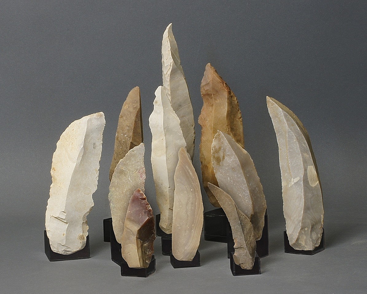 Dominican Republic, Neolithic Taíno  Group of Eleven Xillex White Blades for Assorted Uses
This type of sharp flaked flint stone tool is categorized as Casmirian, and precedes the more complex Courian blades of stone, bone, and shell.  These bifacial napped tools were fashioned into hide scrapers, circular knives, spoons, knife blades, or spear heads, and were probably used to kill and butcher animals.
Period: Greater Antilles, Sub-Courian perio, c. 2000 - 100 BC
Media: Stone
Dimensions: Longest: 10 1/2"; shortest: 5"
MM017X