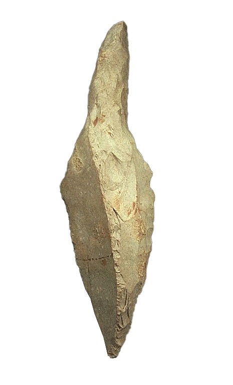 Dominican Republic, Neolithic Taíno  Flaked Stone Dagger with Very Sharp Point
This type of flaked stone tool has been assigned to the Courian subseries and belongs to the same tradition of flaked-stone working in which the artisans collected fine grained rocks and struck them with hammerstones to chip off a succession of irregularly shaped flakes.  These tools were probably used to kill and butcher animals.
Period: Dominican Republic, Courian Subseries, c. 2000 BC - AD 250
Media: Stone
Dimensions: Length: 9"
MM028