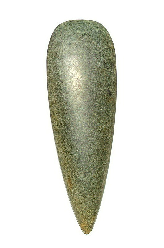 Dominican Republic, Taíno Large Petaloid Stone Celt with Gray, Blue, and Greenish Tones
Smoothly carved, stone, petaloid celt in grayish blue-green is impressively large and finely honed.  Examples of petaloid stone celts are illustrated  in "Twenty-fifth Annual Report of the BUREAU OF AMERICAN ETHNOLOGY" Washington, 1907, pl XII.
Period: Dominican Republic, Taíno , c. AD 1000 - 1500
Media: Stone
Dimensions: Length: 10 1/2",  Width: 3 1/2"
MM048