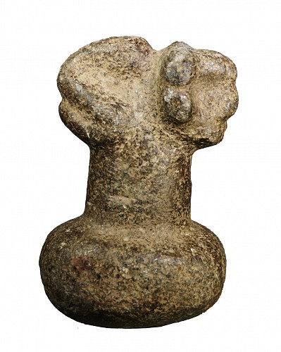 TaÃ­no Carved Stone Gray Stone Pestle with Anthropomorphic Crouching Figure