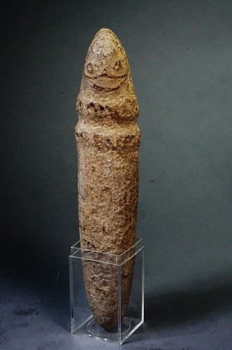 TaÃ­no Stone Carved Cylindrical Implement with Face