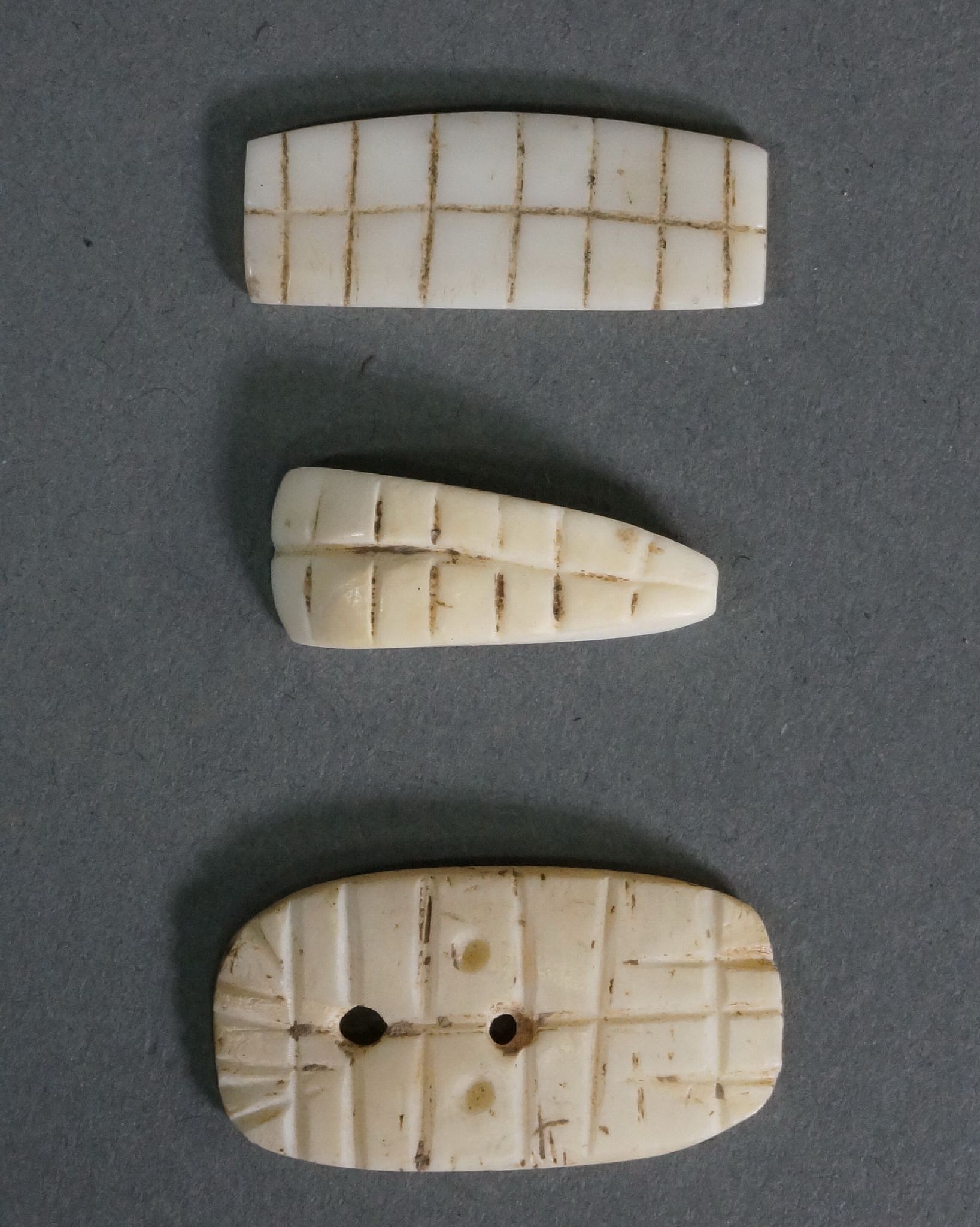 Dominican Republic, 3 Sets of Taíno  Carved Shell Teeth
These teeth show the variety of different shaped teeth.  The teeth were string saw cut.  Shell teeth were set into figurative amulets or wood carvings or strung on a necklace.
Period: Dominican Republic, c. AD 1000 - 1500
Media: Shell
Dimensions: Width: 3/4" to 1 1/4"
99526