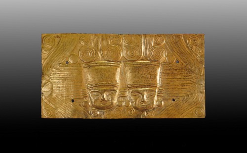Metal: Calima Gold Hammered and Incised Plaque with Two Royal Heads $24,000