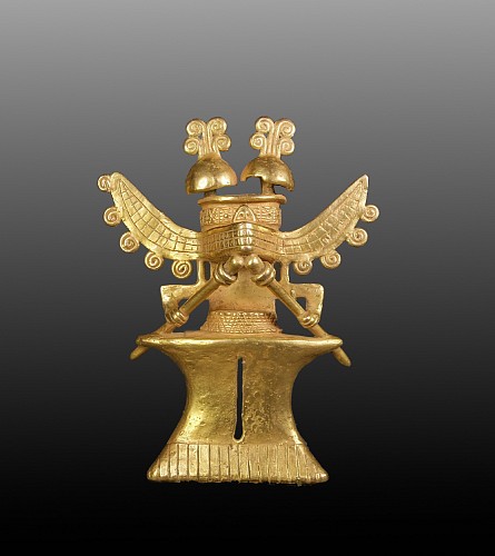 Metal: Darian Cast Gold Smiling Shaman with Headdress of Two Hemispheres with Spirals $150,000