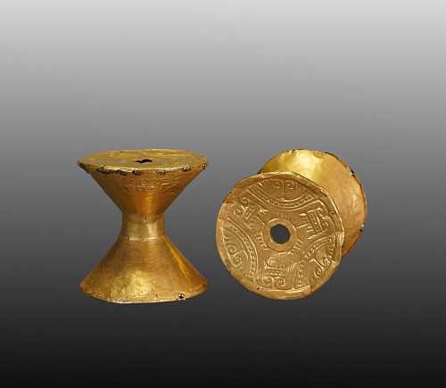 Metal: Early Calima Pair of Gold Hour-Glass Shaped Ear Spools $8,500