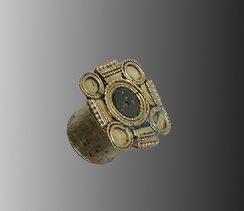 Ecuador - Tolita Gold Labret with Granulated Design and Turquoise Center $2,200