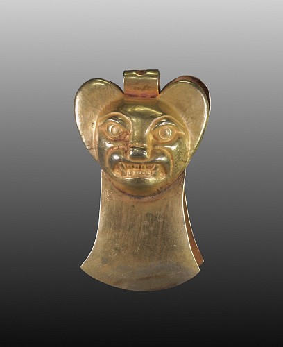 Moche Gold Pincer with Embossed Large-Eared Bat Face $9,750