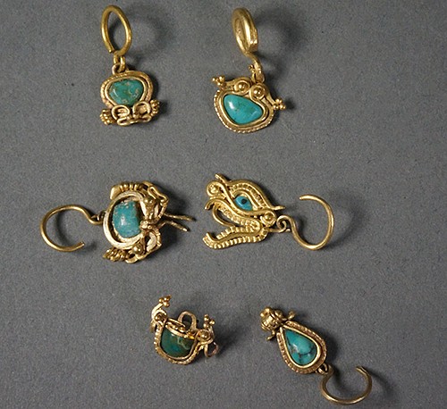 Work: 7 La Tolita Gold with Platinum Miniature Ear Ornaments with Turquoise Inlays $4,600
