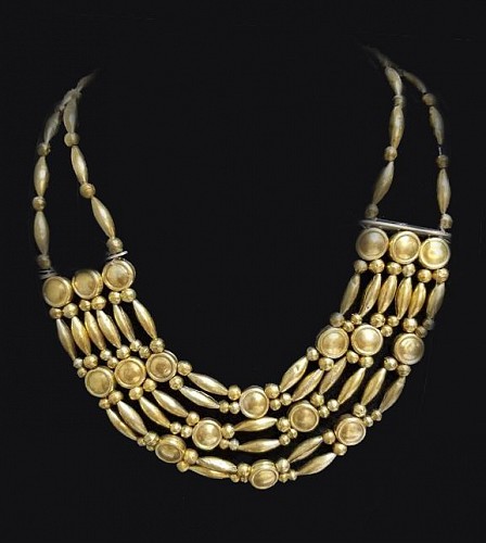 Vicus Gold Necklace of Soldered Discs and Rolled Oblong Beads $17,000