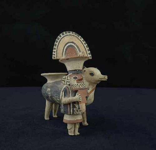Peru -&nbsp;Recuay Ceramic Figure of Standing Flute Player with Llama $15,000