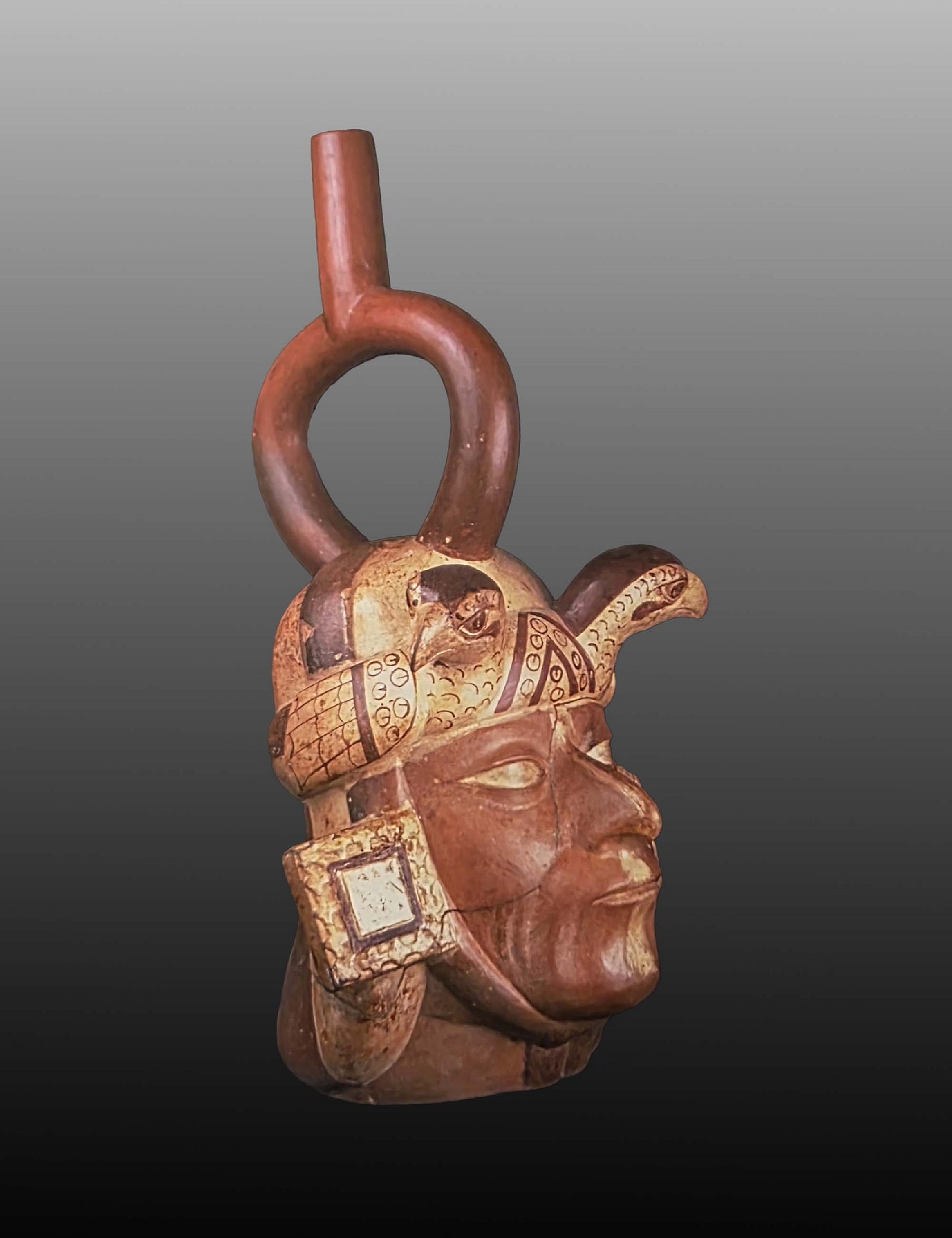 Peru, Moche Portrait Vessel of &ldquo;Long-Nose&rdquo; with Square Ear Ornaments
This Moche ceramic vessel depicts the classic recurring Moche theme of the &ldquo;Long-Nose&rdquo; figure, a male warrior who would have participated in ritual combat.  &ldquo;Long-Nose&rdquo; is identifiable by his narrow face and lenticular eyes, and often features a vertical white strip painted from forehead to chin.  In many of his portraits, including the one depicted for this vessel, he wears square ear ornaments bordered by war clubs. In addition to portrait head vessels, Long-Nose was also depicted by Moche in some full figure ceramic portraits, several of which show him elaborately dressed, holding a spatula above around bowl.  From the Peruvian ceramic collection of Benno Mattel, Punta del Este, Uruguay, acquired prior to the 1960s.  Depicted in Moche Portraits from Ancient Peru, by Christopher Donnan, on pages 112, and 124.

Period: Peru, Moche, North Coast, c. AD 400-600
Media: Ceramic
Dimensions: Height: 12"
$28,000
Z106